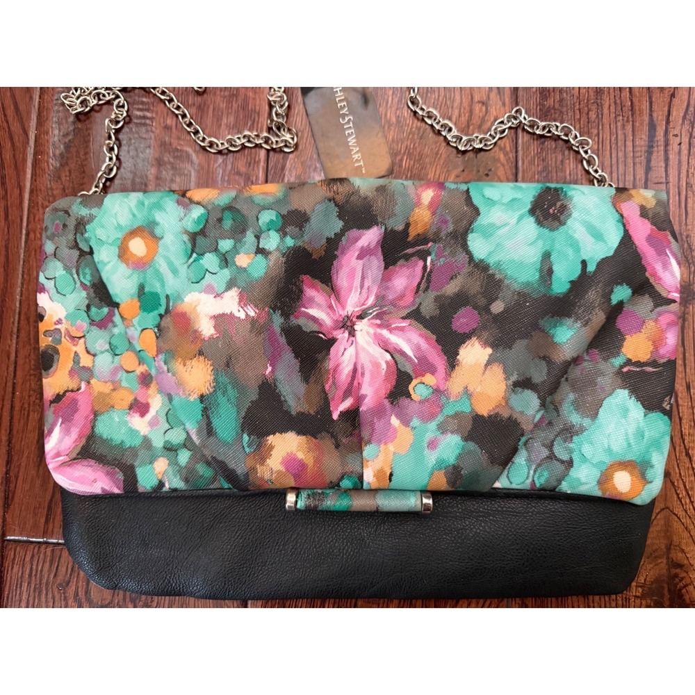 Ashley Stewart Floral Foldover Clutch Crossbody Purse NWT Chain Strap Black